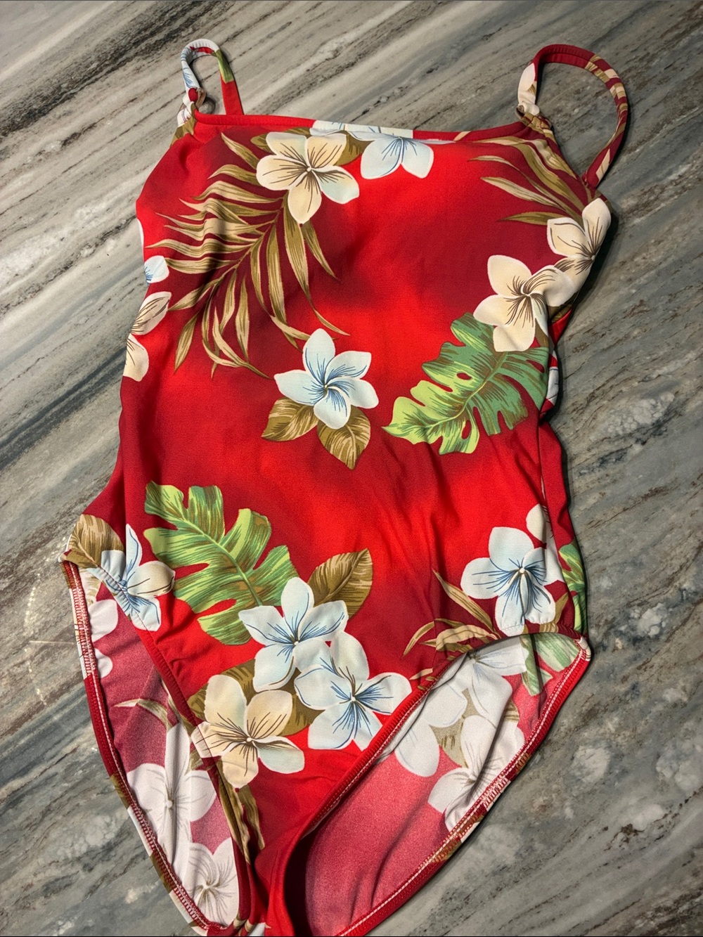 Women’s sz 12 swimsuit Retro Red Floral One-Piece Swimsuit - Tropical Print
